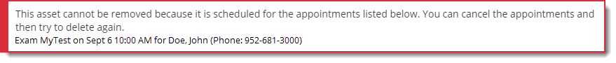 Asset cannot be removed because it is scheduled for appointments.